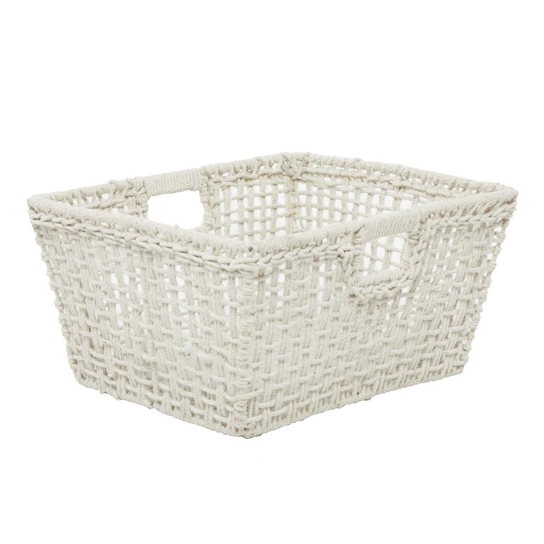 COSMOLIVING BY COSMOPOLITAN WHITE COTTON HANDMADE STORAGE BASKET WITH HANDLES