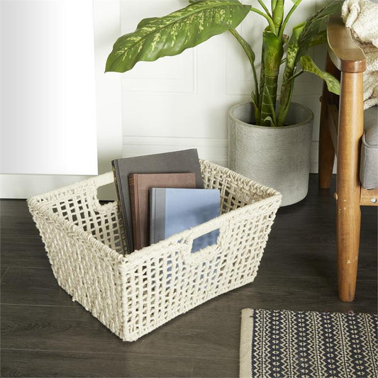 COSMOLIVING BY COSMOPOLITAN WHITE COTTON HANDMADE STORAGE BASKET WITH HANDLES