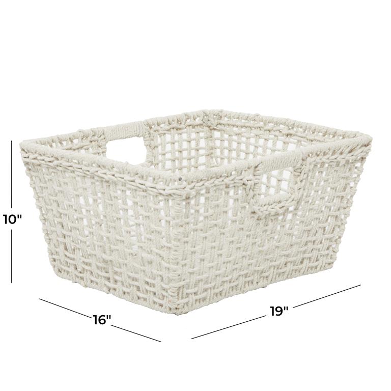COSMOLIVING BY COSMOPOLITAN WHITE COTTON HANDMADE STORAGE BASKET WITH HANDLES