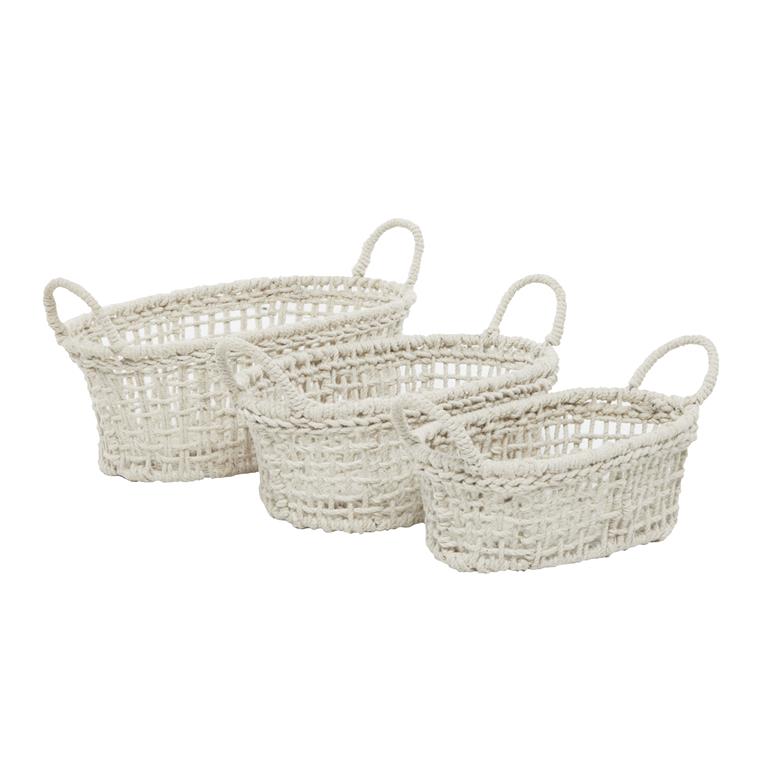 WHITE COTTON HANDMADE STORAGE BASKET WITH HANDLES