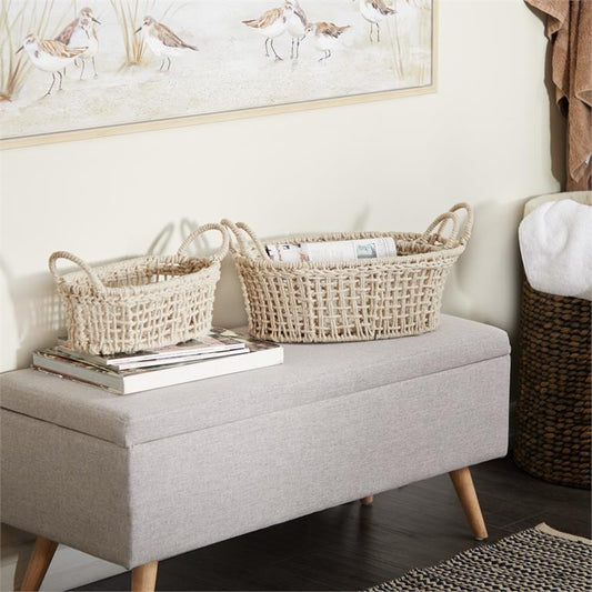 WHITE COTTON HANDMADE STORAGE BASKET WITH HANDLES