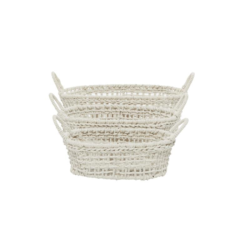 WHITE COTTON HANDMADE STORAGE BASKET WITH HANDLES