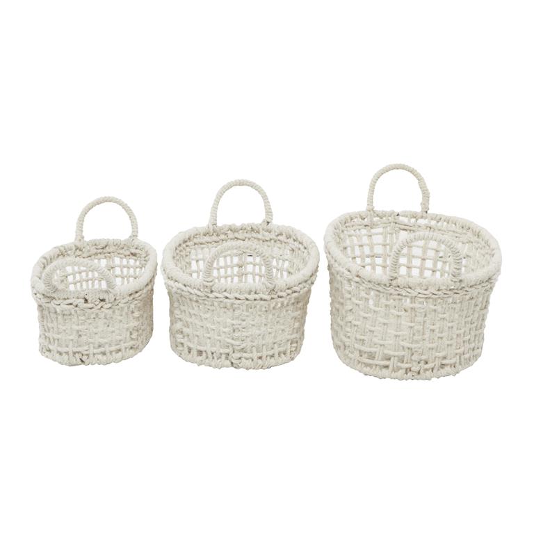 WHITE COTTON HANDMADE STORAGE BASKET WITH HANDLES