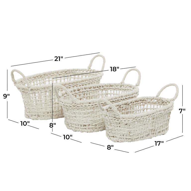 WHITE COTTON HANDMADE STORAGE BASKET WITH HANDLES