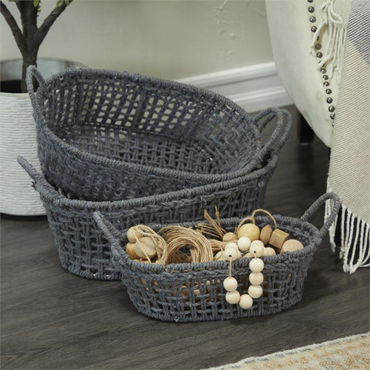 GRAY COTTON HANDMADE STORAGE BASKET WITH HANDLES