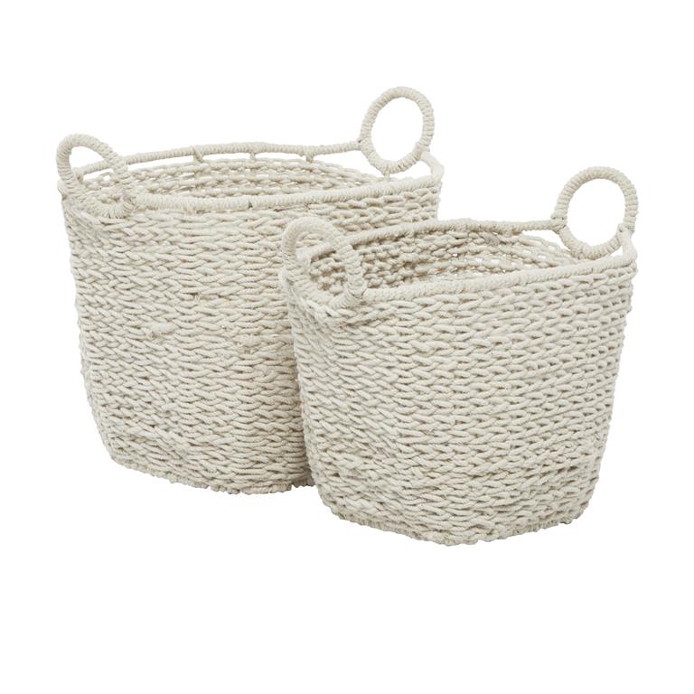 COSMOLIVING BY COSMOPOLITAN WHITE COTTON HANDMADE STORAGE BASKET WITH HANDLES