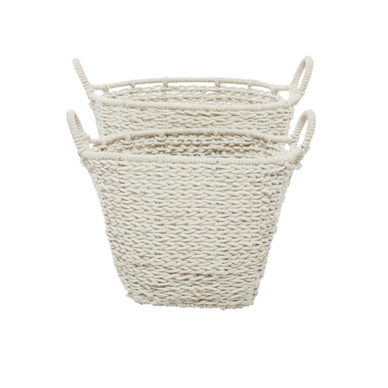 COSMOLIVING BY COSMOPOLITAN WHITE COTTON HANDMADE STORAGE BASKET WITH HANDLES