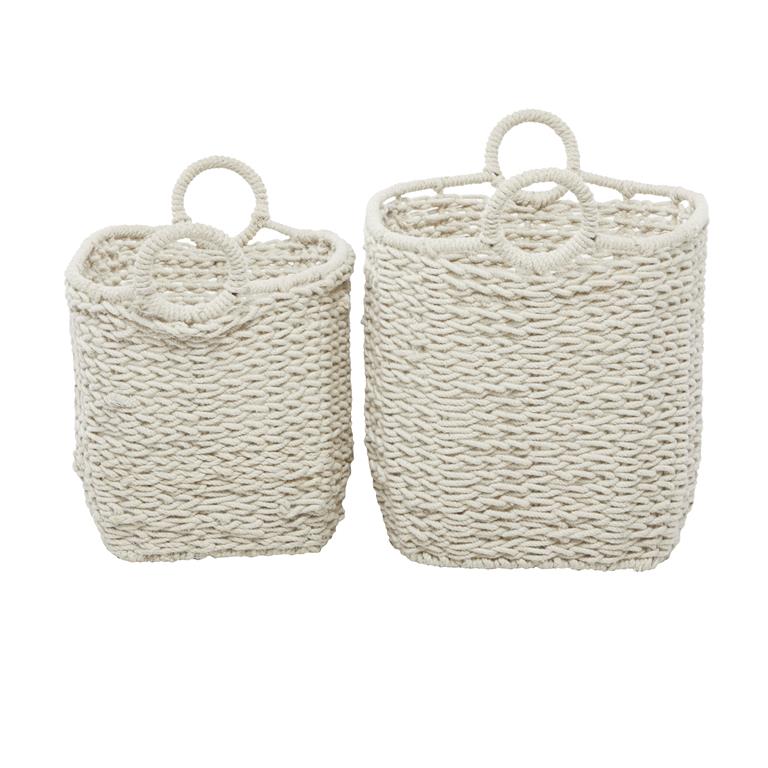 COSMOLIVING BY COSMOPOLITAN WHITE COTTON HANDMADE STORAGE BASKET WITH HANDLES