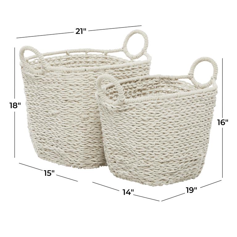 COSMOLIVING BY COSMOPOLITAN WHITE COTTON HANDMADE STORAGE BASKET WITH HANDLES