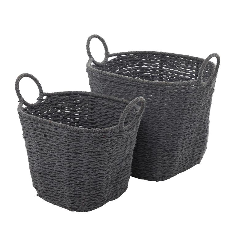 COSMOLIVING BY COSMOPOLITAN GRAY COTTON HANDMADE STORAGE BASKET WITH HANDLES