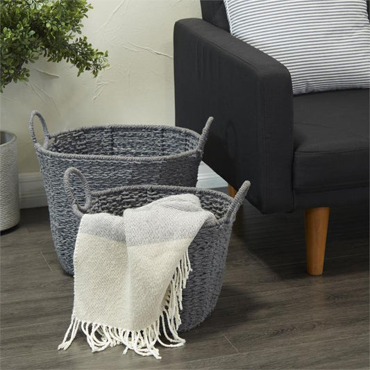 COSMOLIVING BY COSMOPOLITAN GRAY COTTON HANDMADE STORAGE BASKET WITH HANDLES