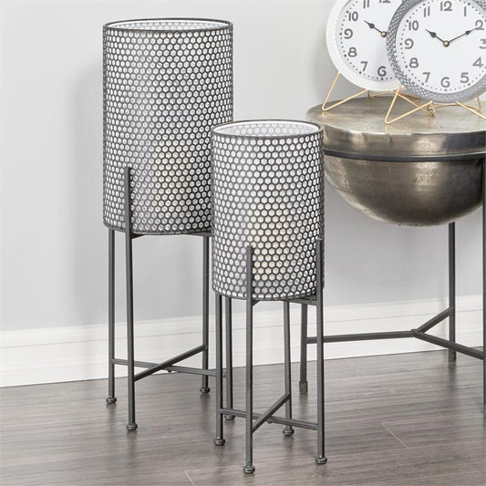 MODERN STYLE ROUND WHITE AND BLACK METAL FLOOR LANTERN WITH PIERCED METAL PATTERN