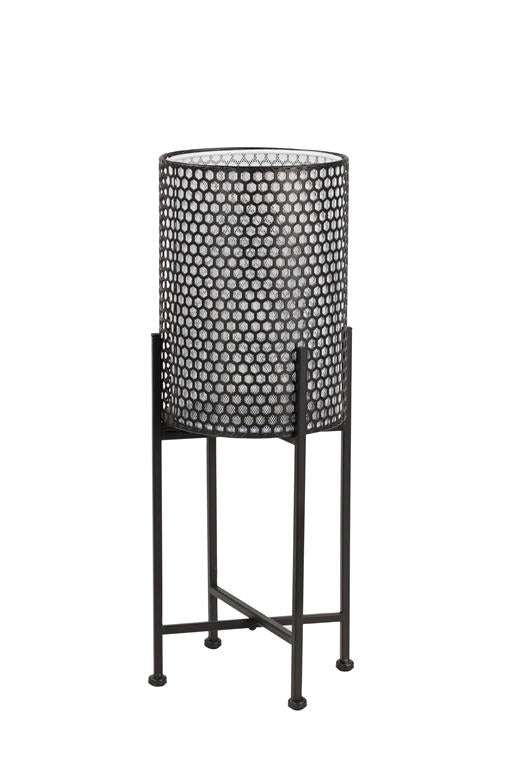 MODERN STYLE ROUND WHITE AND BLACK METAL FLOOR LANTERN WITH PIERCED METAL PATTERN