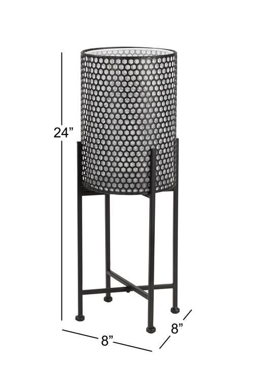 MODERN STYLE ROUND WHITE AND BLACK METAL FLOOR LANTERN WITH PIERCED METAL PATTERN