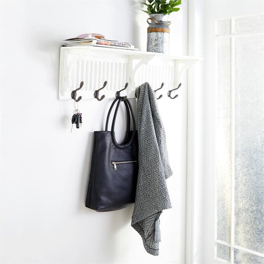 WHITE WOOD 1 SHELF AND 6 HANGERS WALL HOOK