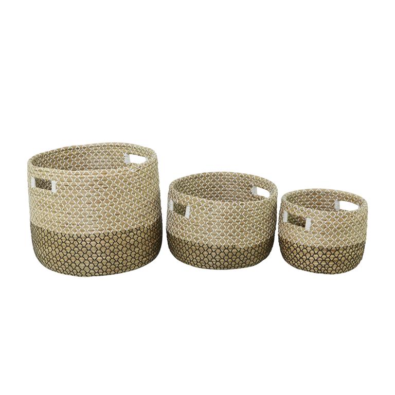 COSMOPOLITAN BROWN SEAGRASS HANDMADE TWO TONED STORAGE BASKET WITH HANDLES