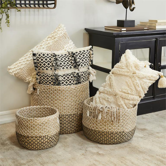 COSMOPOLITAN BROWN SEAGRASS HANDMADE TWO TONED STORAGE BASKET WITH HANDLES