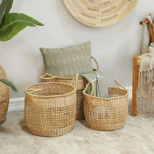 BROWN SEAGRASS HANDMADE STORAGE BASKET WITH HANDLES