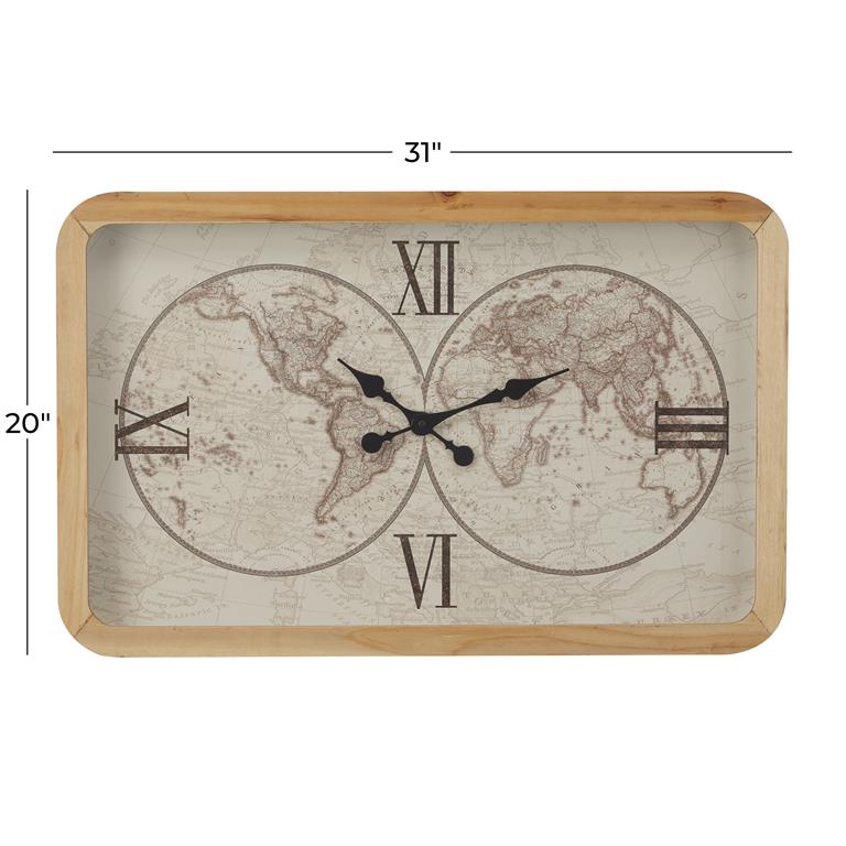 BROWN GLASS WORLD MAP WALL CLOCK,