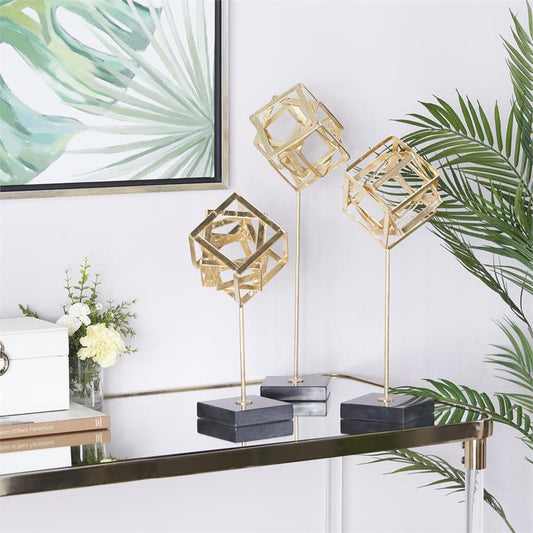 COSMOLIVING BY COSMOPOLITAN GOLD MARBLE GEOMETRIC SCULPTURE WITH MARBLE BASE