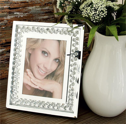 SILVER GLASS MIRRORED PHOTO FRAME WITH FLOATING CRYSTALS,