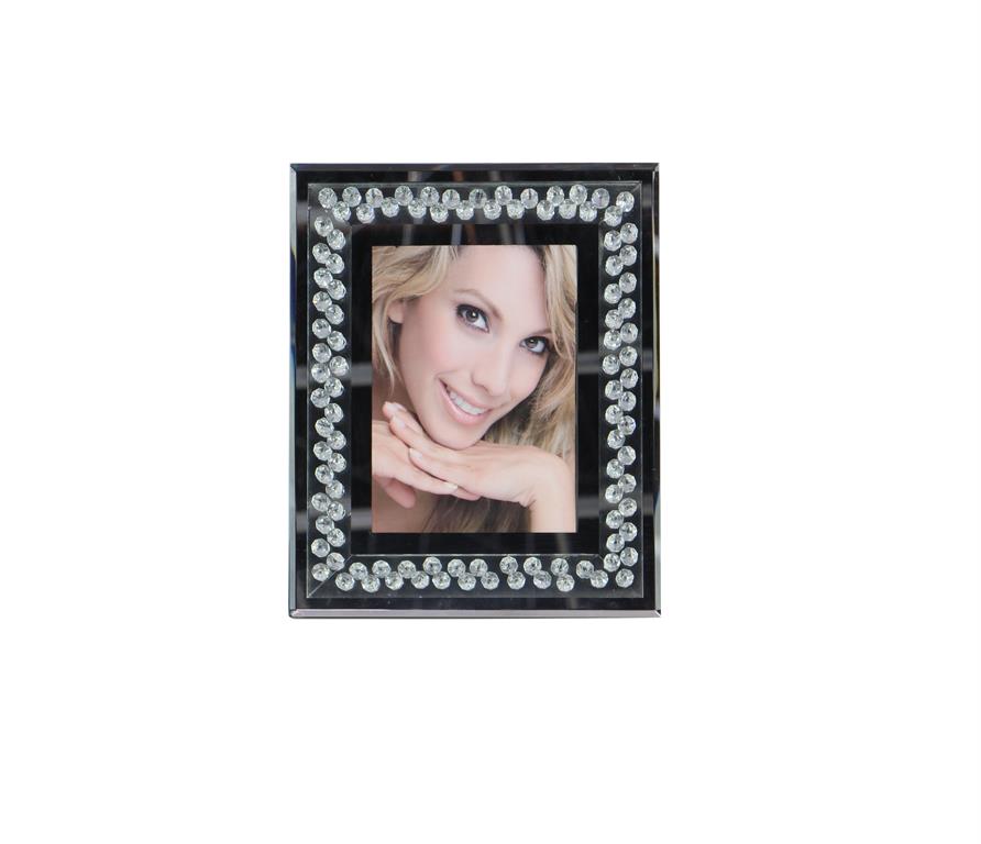 SILVER GLASS MIRRORED PHOTO FRAME WITH FLOATING CRYSTALS,