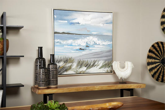 BLUE CANVAS LANDSCAPE BEACH FRAMED WALL ART WITH SILVER FRAME