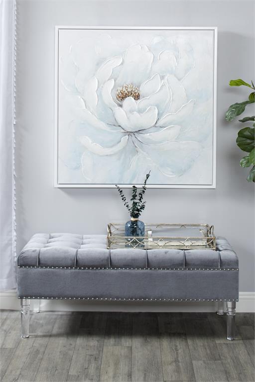 LARGE SQUARE WHITE PEONY FLOWER ACRYLIC PAINTING IN SILVER FRAME,