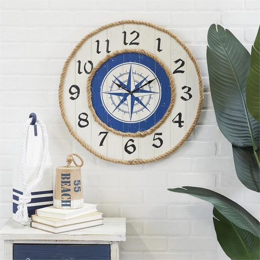 BLUE WOOD COMPASS WALL CLOCK WITH ROPE ACCENTS