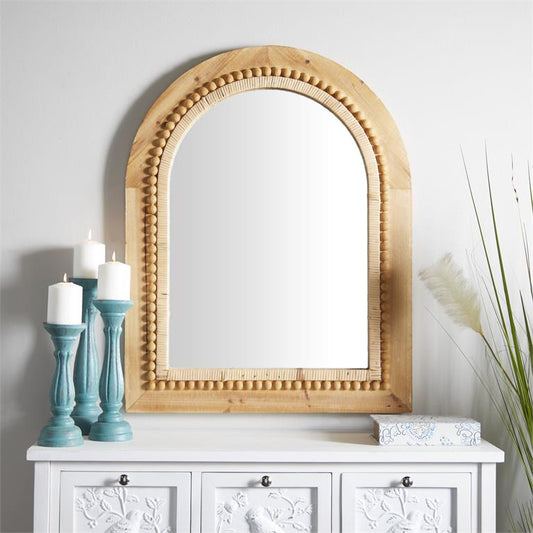 BROWN WOOD WINDOW PANE INSPIRED WALL MIRROR WITH ARCHED