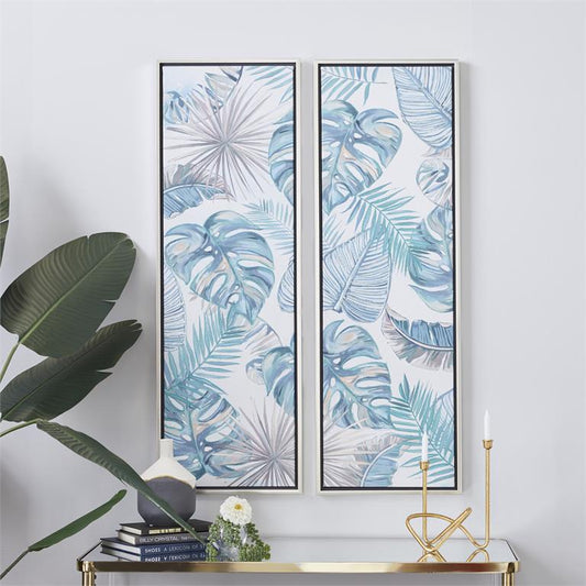 BLUE CANVAS LEAF TROPICAL FRAMED WALL ART WITH SILVER FRAME,