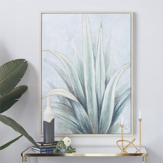 GREEN CANVAS LEAF HANDMADE AGAVE FRAMED WALL ART WITH BEIGE FRAME,