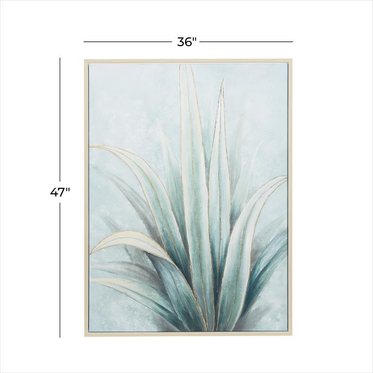 GREEN CANVAS LEAF HANDMADE AGAVE FRAMED WALL ART WITH BEIGE FRAME,