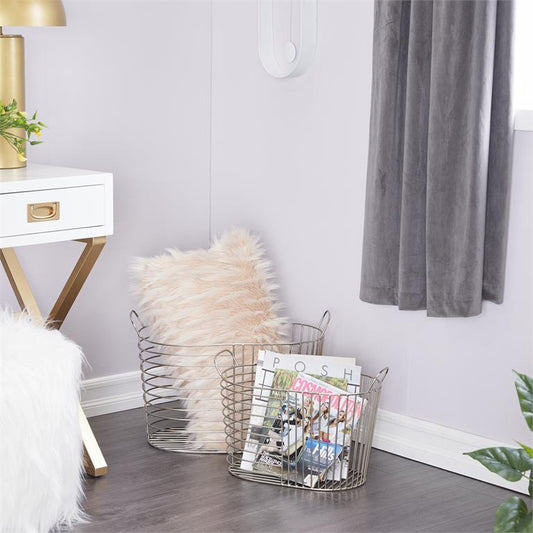 COSMOLIVING BY COSMOPOLITAN SILVER METAL STORAGE BASKET WITH HANDLES