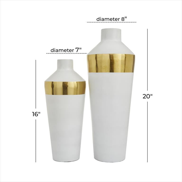 WHITE METAL VASE WITH GOLD BAND,