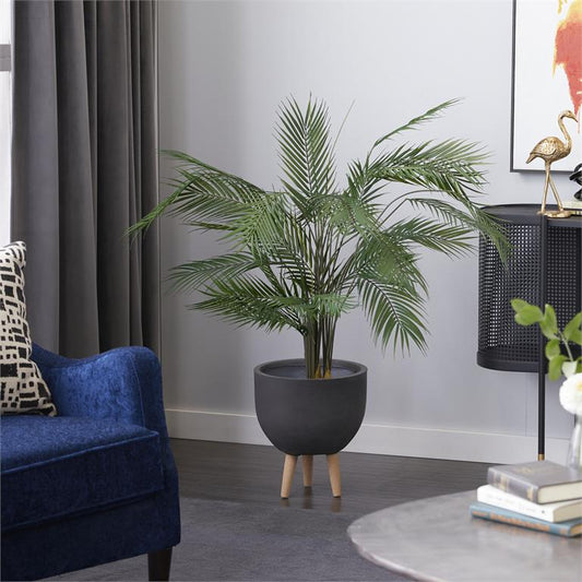 GREEN FAUX FOLIAGE KWAI PALM ARTIFICIAL PLANT WITH BLACK ROUND POT,