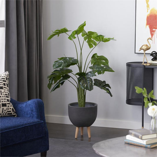GREEN FAUX FOLIAGE MONSTERA ARTIFICIAL PLANT WITH BLACK PLASTIC POT