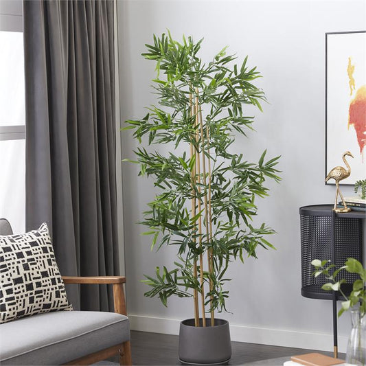 GREEN POLYESTER BAMBOO ARTIFICIAL TREE WITH BLACK PLASTIC POT