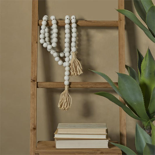 WHITE WOOD HANDMADE BEADED GARLAND WITH TASSEL