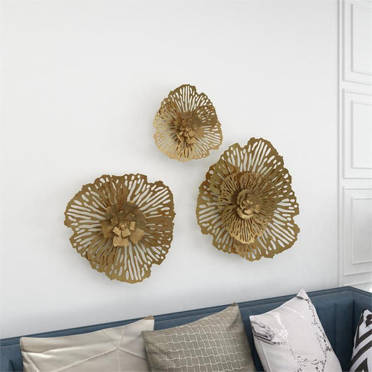 GOLD METAL FLORAL WALL DECOR, SET OF 3 29", 24", 18"H