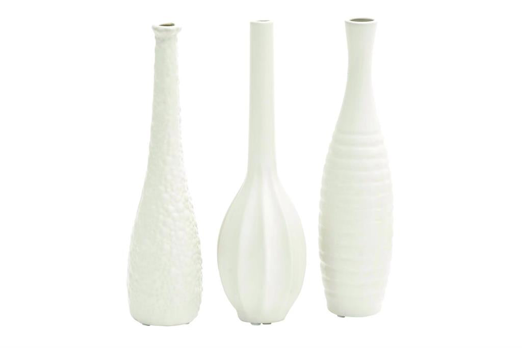 COSMOLIVING BY COSMOPOLITAN WHITE CERAMIC SLIM TEXTURED BOTTLENECK 1 PIECE VASE WITH VARYING PATTERNS