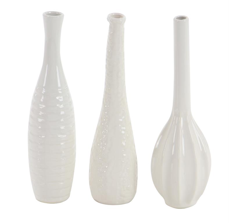 COSMOLIVING BY COSMOPOLITAN WHITE CERAMIC SLIM TEXTURED BOTTLENECK 1 PIECE VASE WITH VARYING PATTERNS