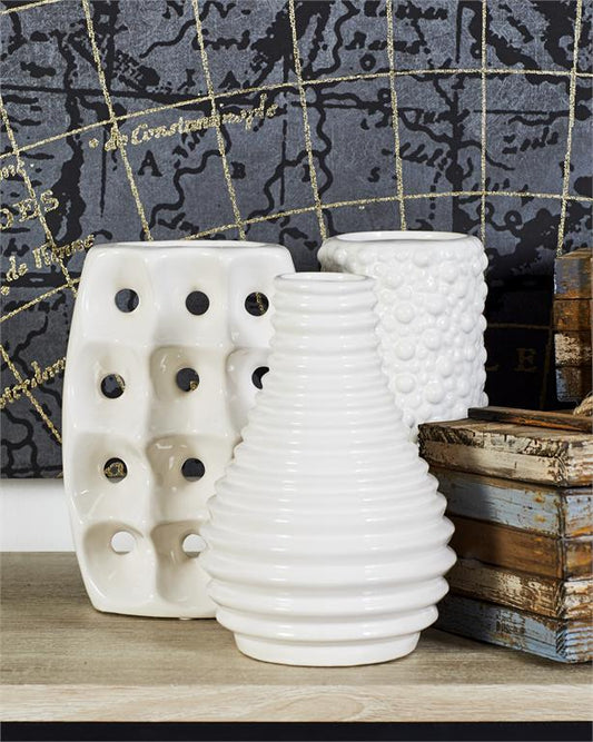 COSMOPOLITAN WHITE CERAMIC VASE WITH VARYING PATTERNS