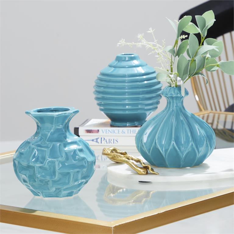 BLUE CERAMIC VASE WITH VARYING PATTERNS 1 PIECE