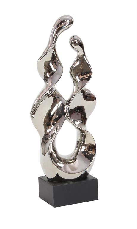 SILVER CERAMIC ABSTRACT SCULPTURE WITH BLACK BASE