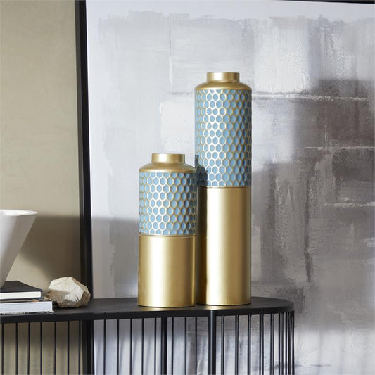 COSMOLIVING BY COSMOPOLITAN LIGHT BLUE METAL HONEYCOMB VASE,