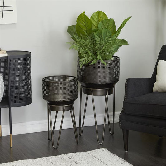 BLACK METAL INDOOR OUTDOOR PLANTER WITH REMOVABLE STAND