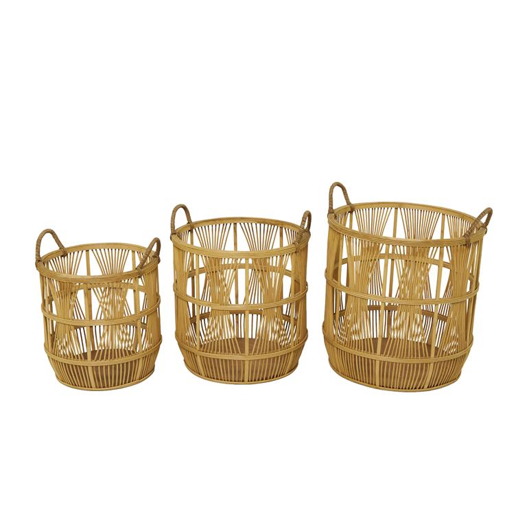 BROWN WOOD HANDMADE STORAGE BASKET WITH HANDLES