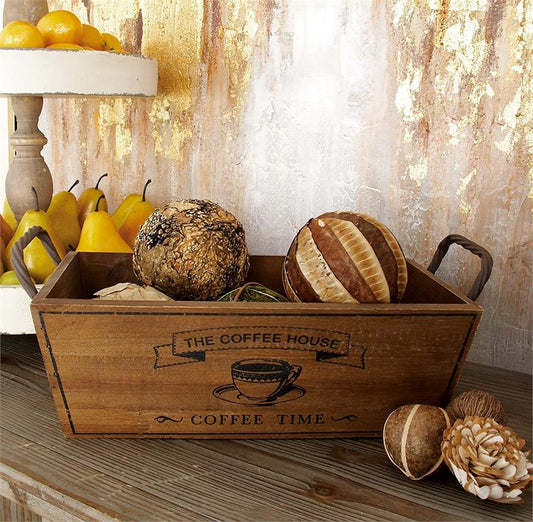 TAN WOOD COFFEE TIME TRAY WITH METAL HANDLES