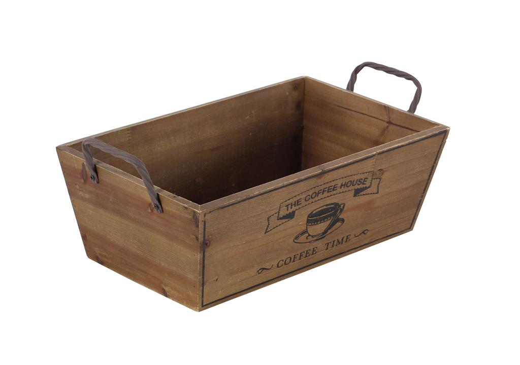 TAN WOOD COFFEE TIME TRAY WITH METAL HANDLES
